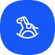 White outline of a rocking horse on a blue background, representing Legerum design style.