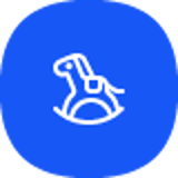 White outline of a rocking horse on a blue background, representing Legerum design style.