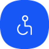 Icon for accessibility in white on a blue background, symbolizing access for people with disabilities.