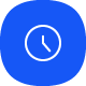 Blue digital clock icon with white dial and hands on a round blue background in a minimalist design.