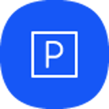 Parking icon in white on blue background, symbolizing a parking area or service in a digital context.