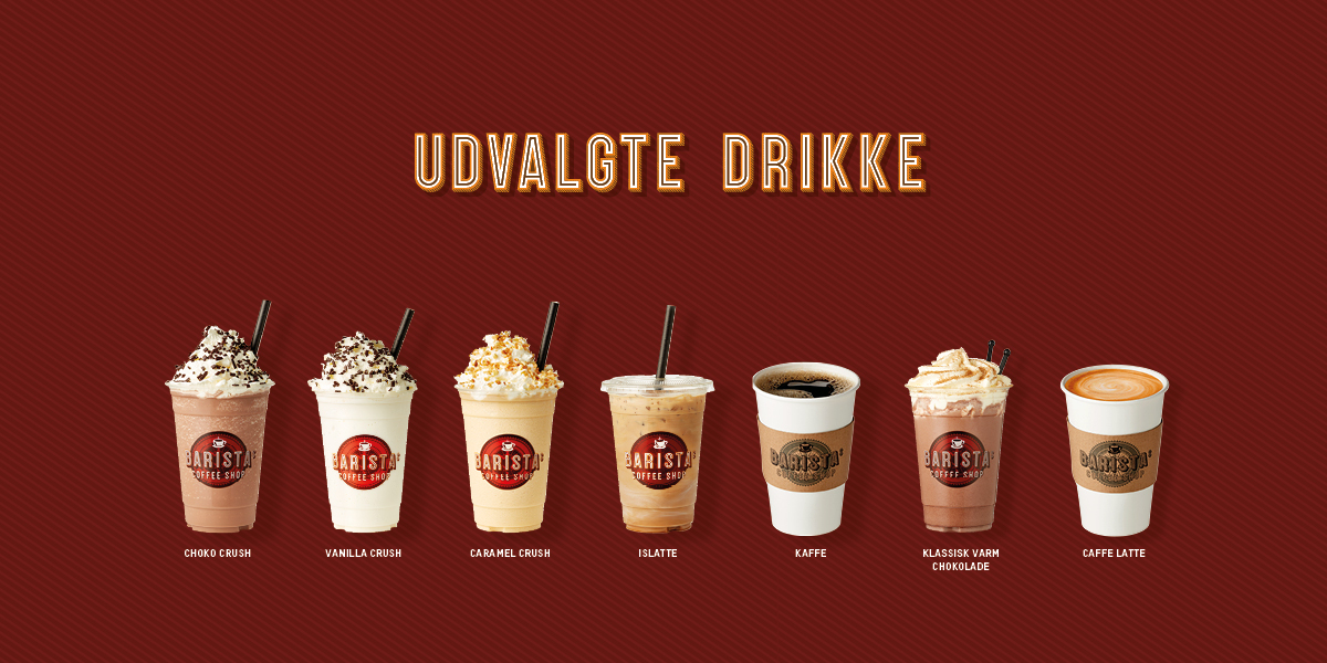 Selection of drinks from Barista Coffee Shop featuring six assorted coffee beverages against a brown background.
