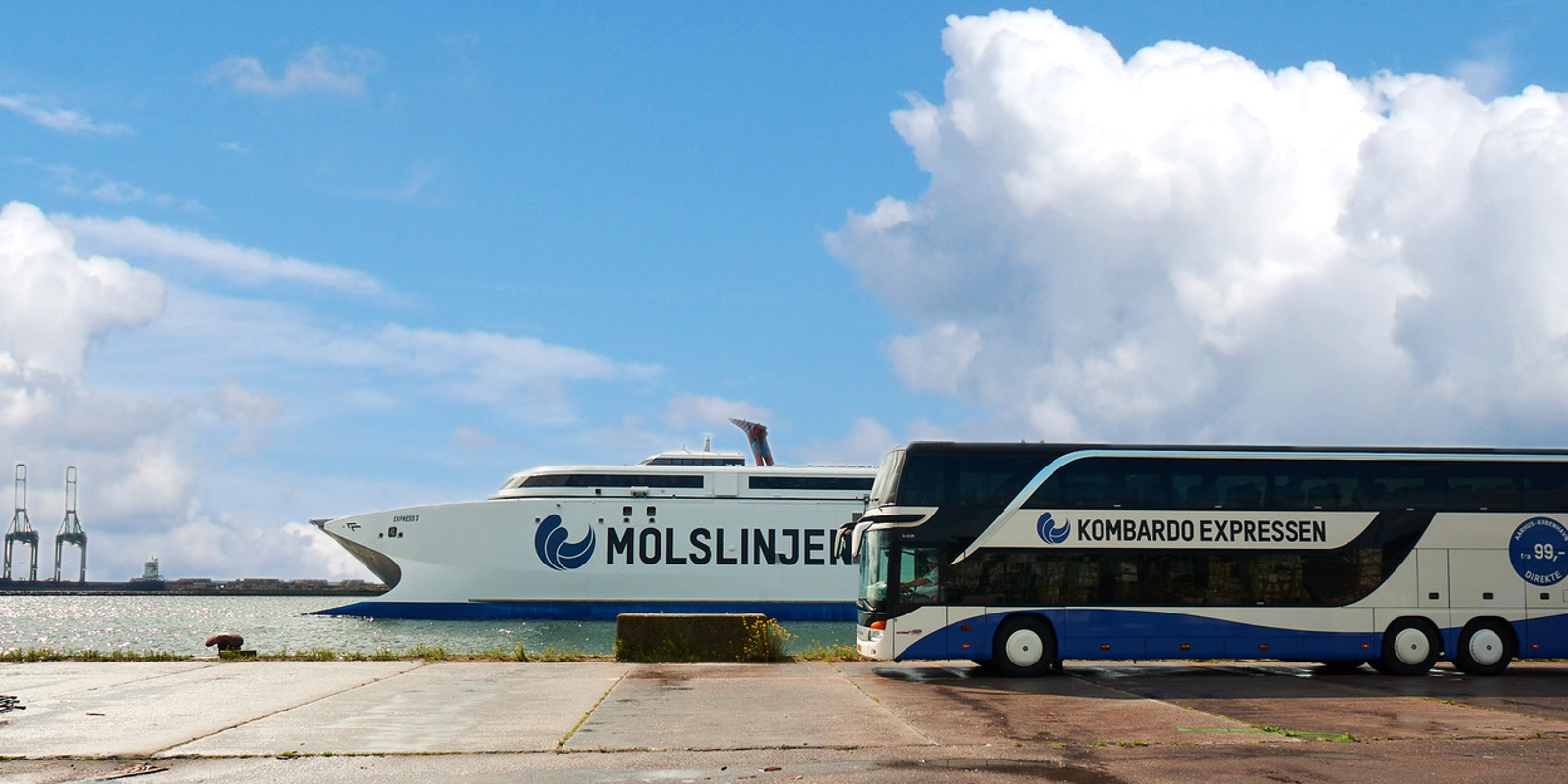 Molslinjen ferry and Kombardo Expressen bus at the harbor under a slightly cloudy sky.