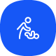 Icon of an adult changing a baby's diaper, white on blue background.