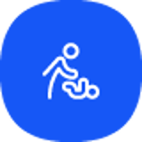 Icon of an adult changing a baby's diaper, white on blue background.
