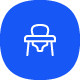 White high chair outline on a blue background.