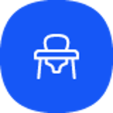 White high chair outline on a blue background.