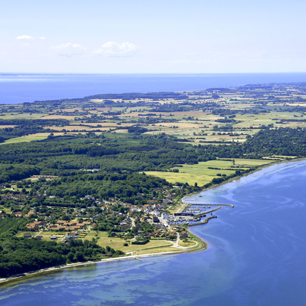 Aerial view of a coastal landscape with a small town, fields, and forest next to Blåvand's beautiful coastline in Denmark.