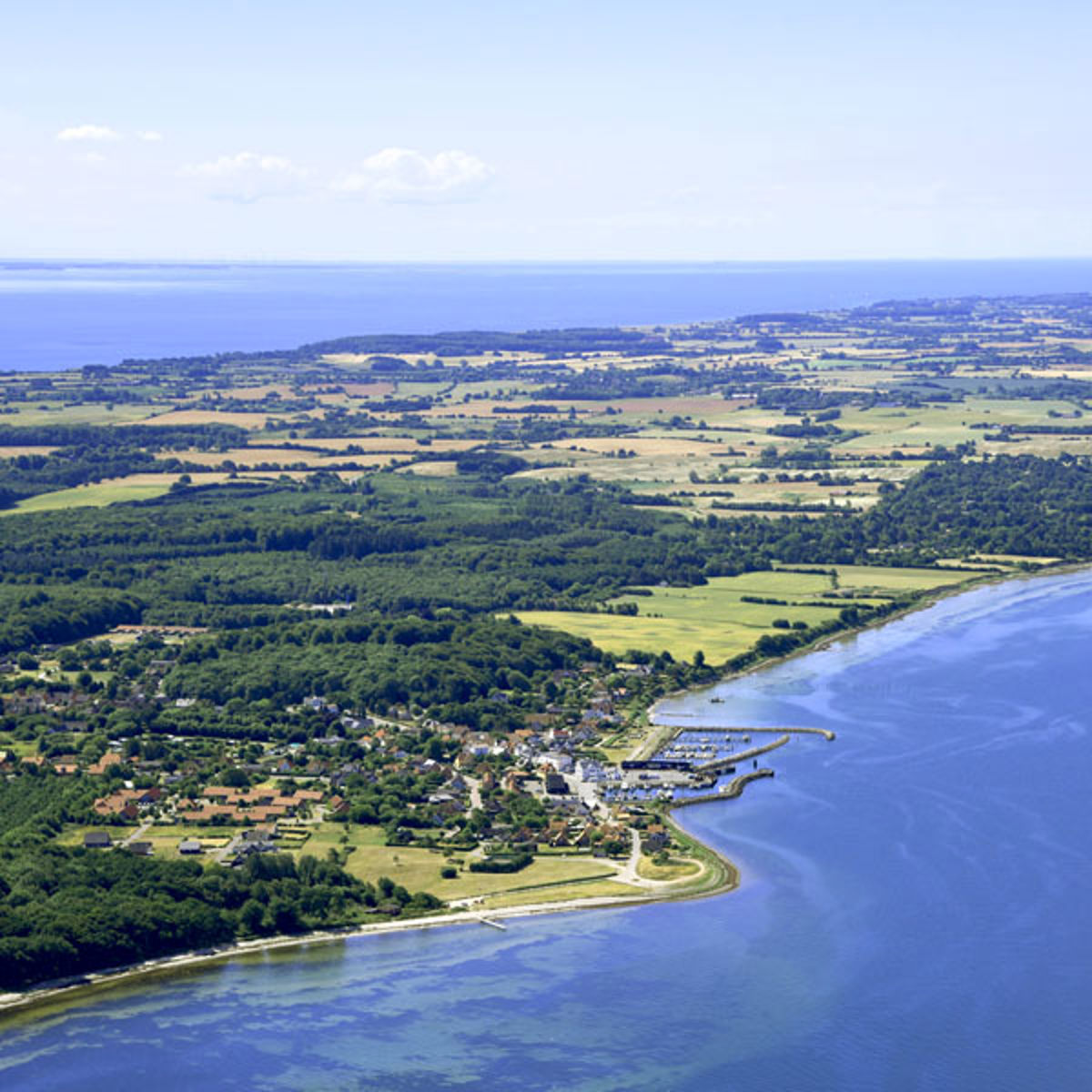 Aerial view of a coastal landscape with a small town, fields, and forest next to Blåvand's beautiful coastline in Denmark.