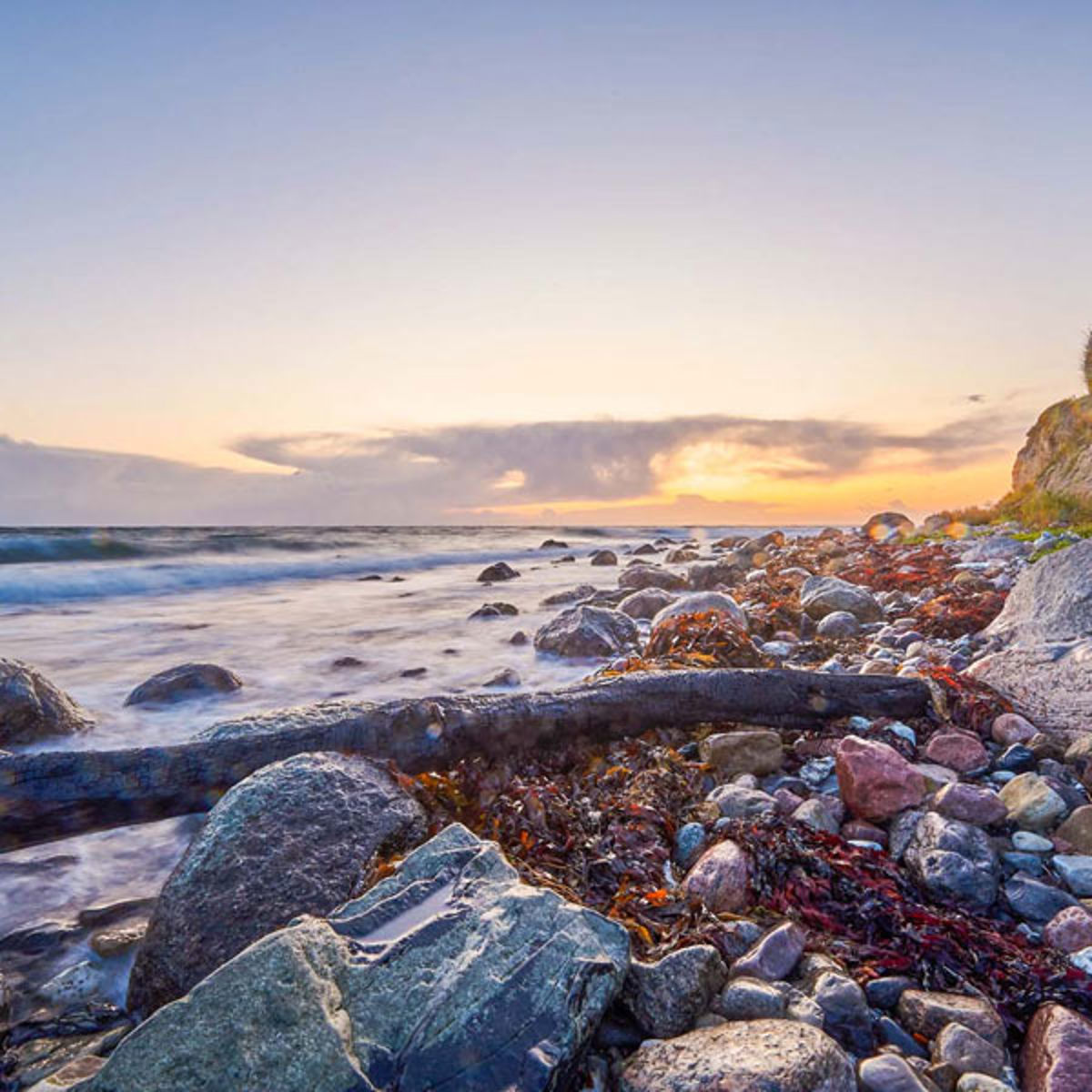 A rocky beach on Samsø with the sun setting in the background, highlighting the serene landscape.